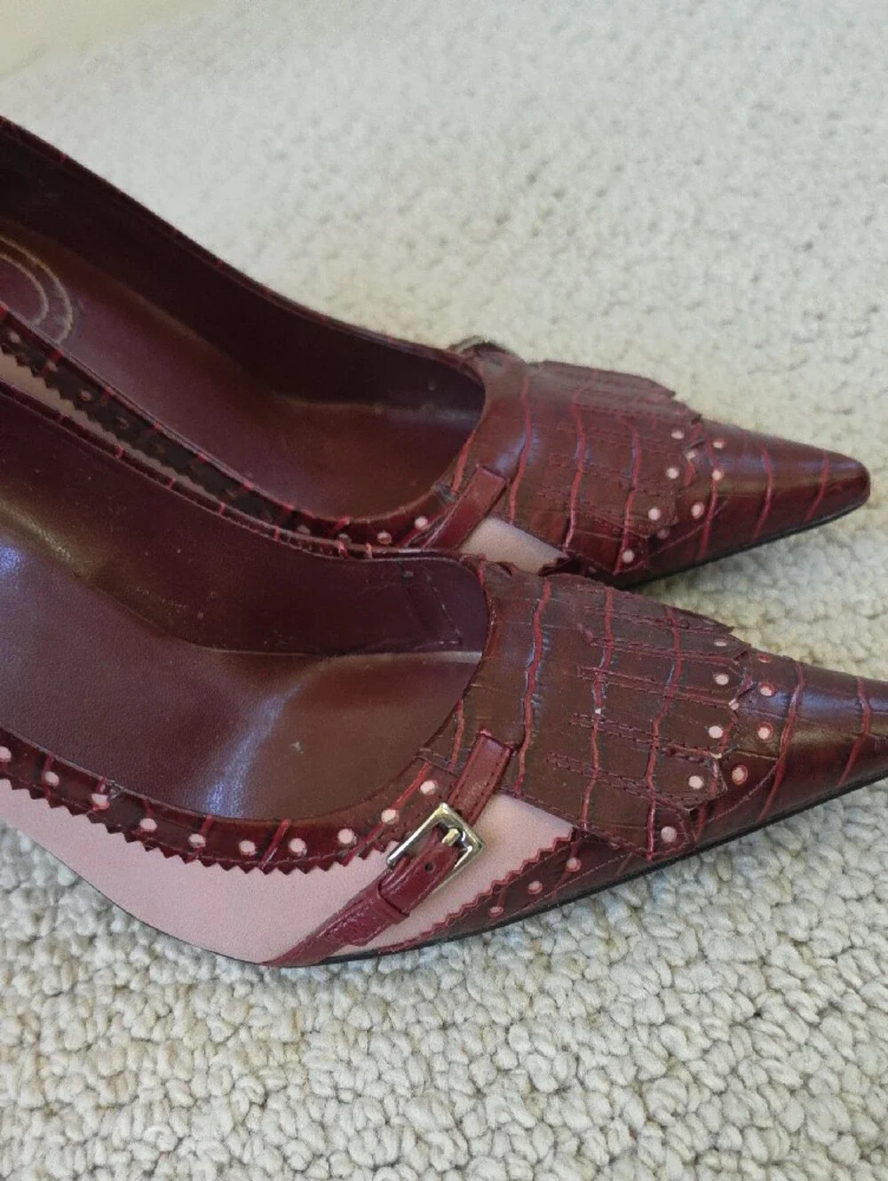 Nine West Burgundy Croc-Embossed Pointed-Toe Heels with Fringe